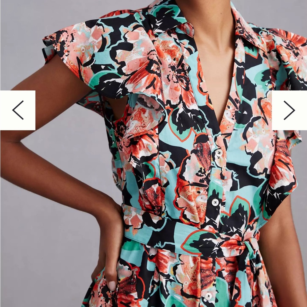 Anthropologie Maeve Flutter-Sleeve Floral Midi Button Down Shirt Dress Medium - Picture 2 of 14